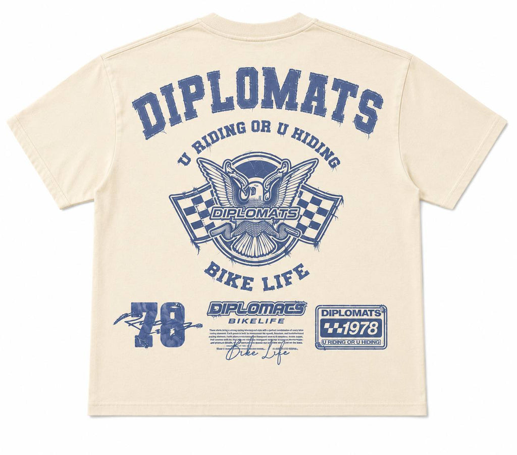 Cream t-shirt back with large Diplomats Bike Life racing graphic, eagle and checkered flag emblem, denim-effect jumbo print