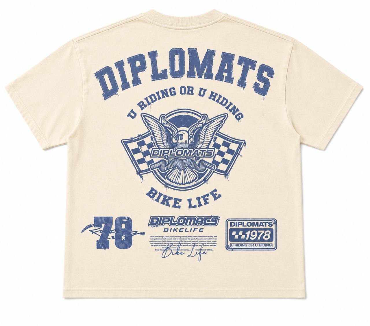 Cream t-shirt back with large Diplomats Bike Life racing graphic, eagle and checkered flag emblem, denim-effect jumbo print
