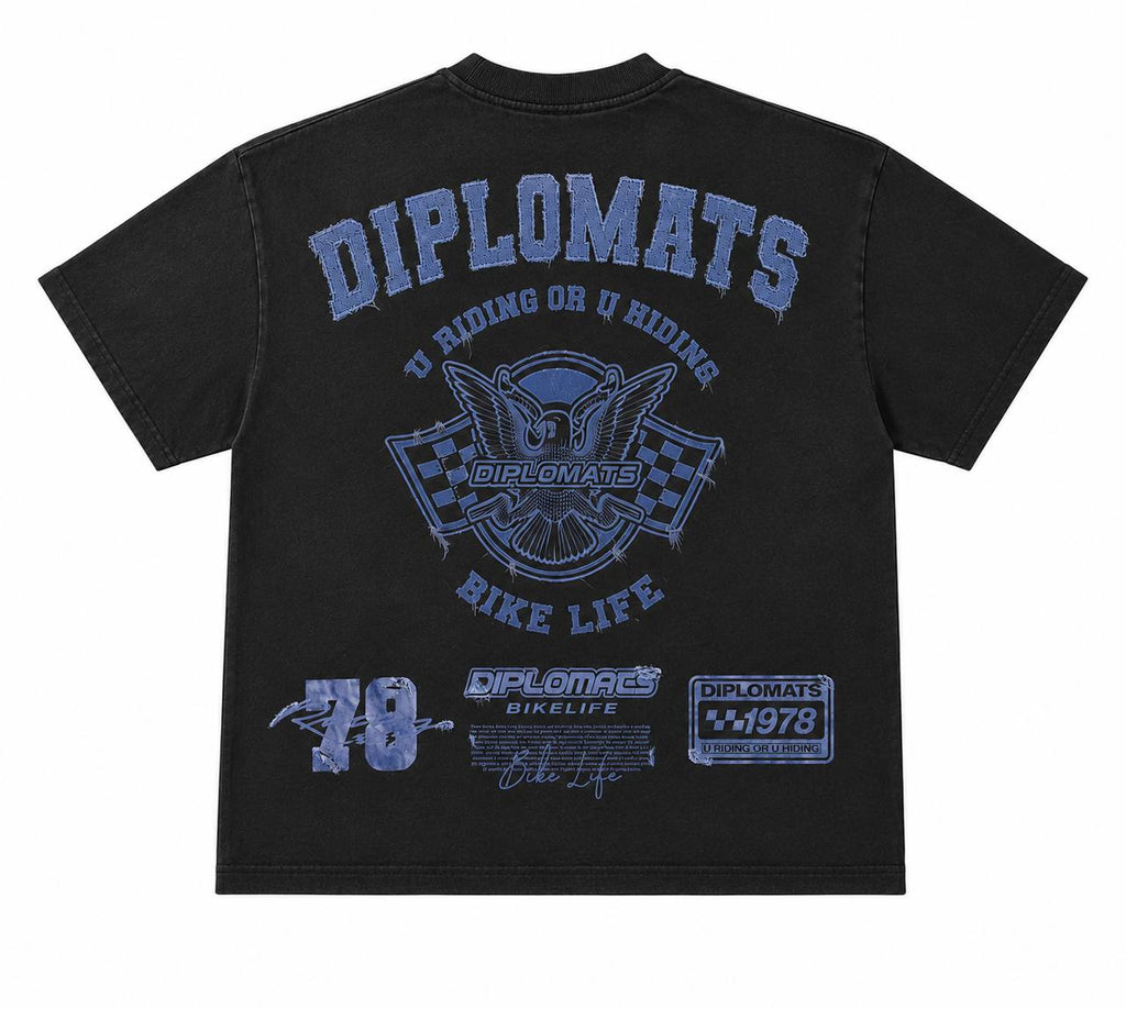 Washed black t-shirt back with large Diplomats Bike Life racing graphic, eagle and checkered flag emblem, denim-effect jumbo print"