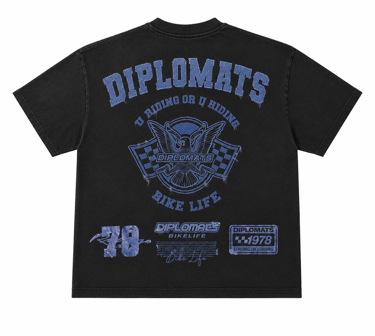 Washed black t-shirt back with large Diplomats Bike Life racing graphic, eagle and checkered flag emblem, denim-effect jumbo print"