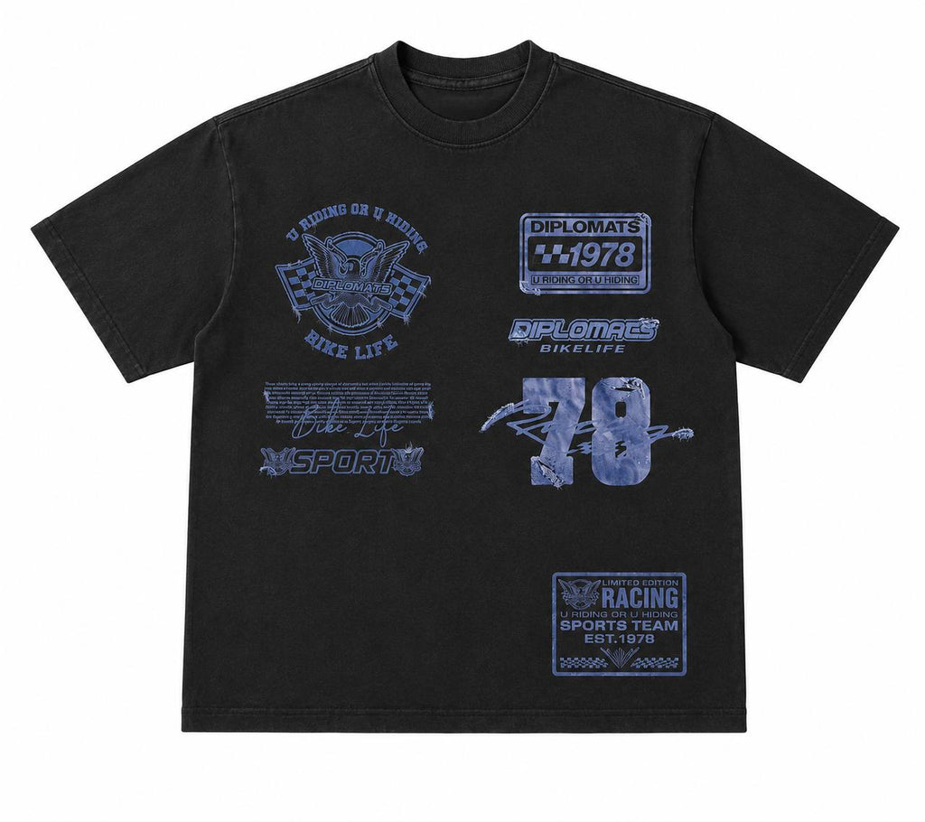Washed black t-shirt front with Diplomats Bike Life chest emblems, 1978 racing tags, and denim-effect jumbo print