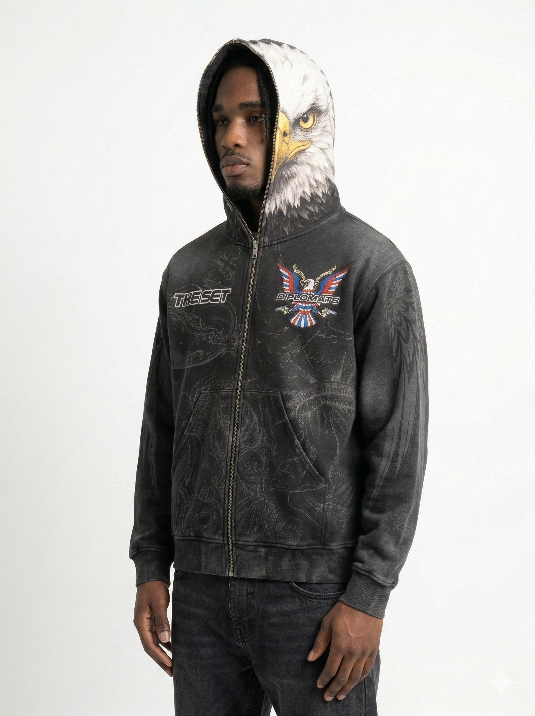 Club Foreign x Diplomats "Eagle" Full-Zip Hoodie – Stoned Acid Black