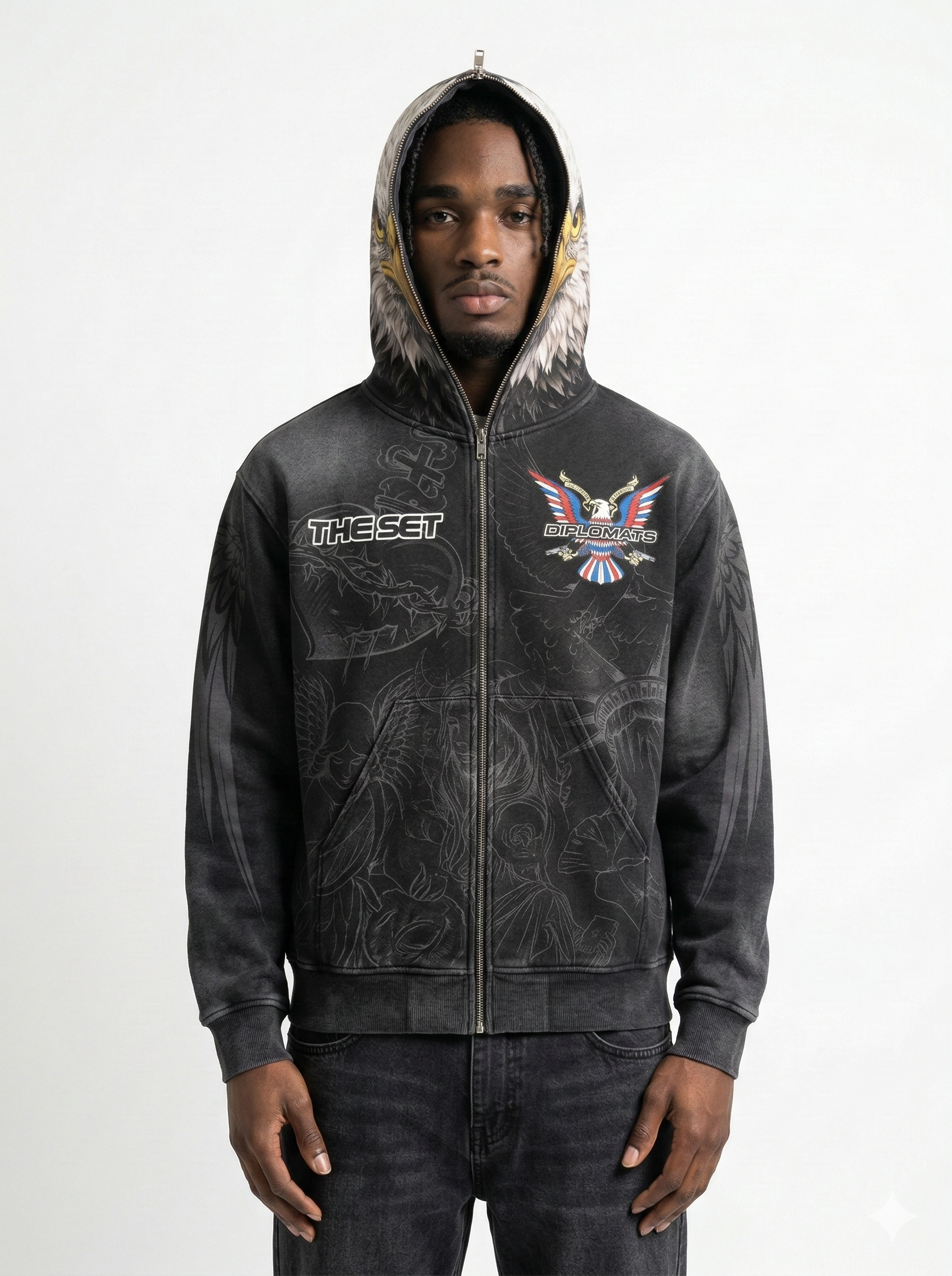 Club Foreign x Diplomats "Eagle" Full-Zip Hoodie – Stoned Acid Black