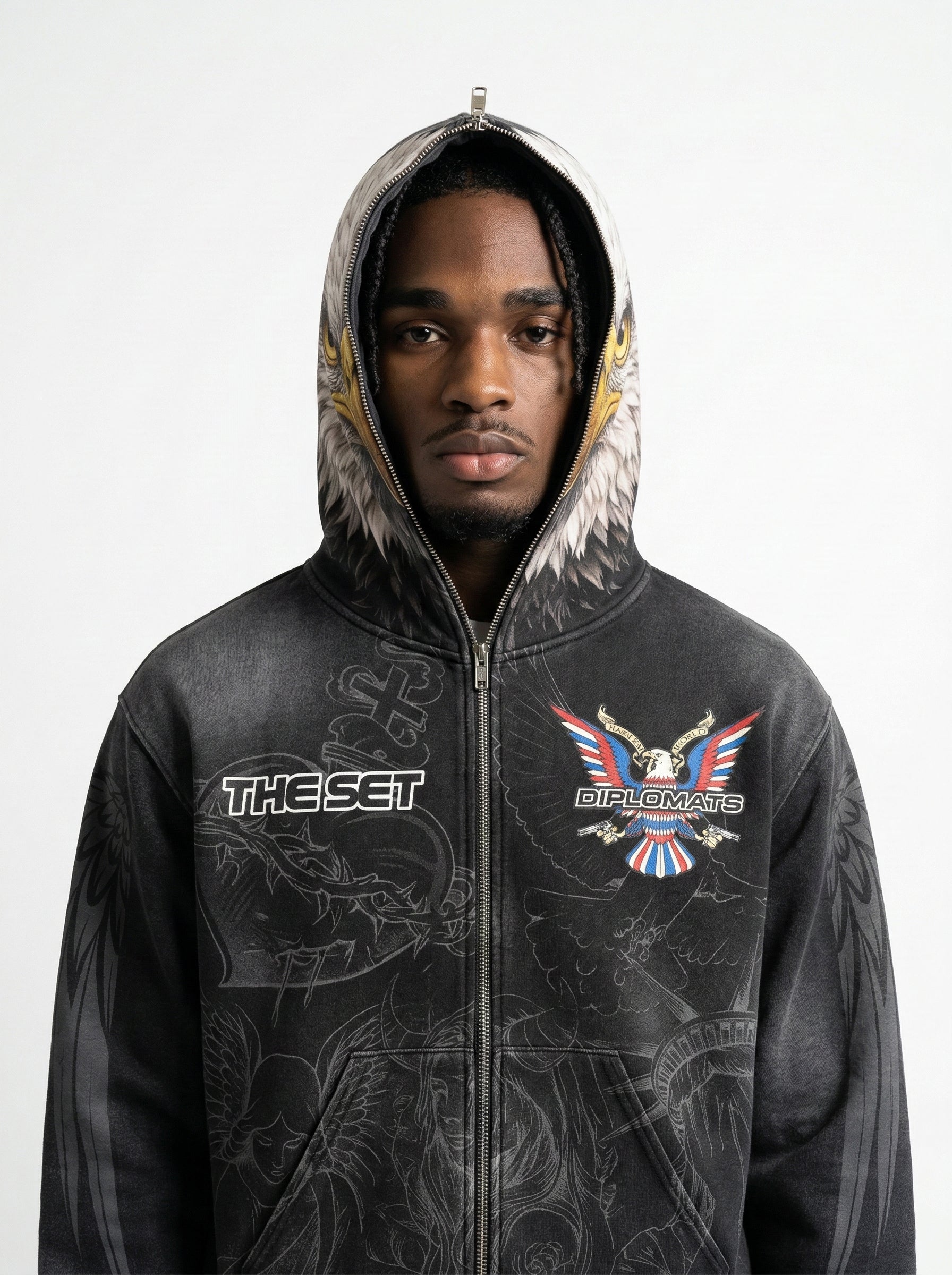 Club Foreign x Diplomats "Eagle" Full-Zip Hoodie – Stoned Acid Black