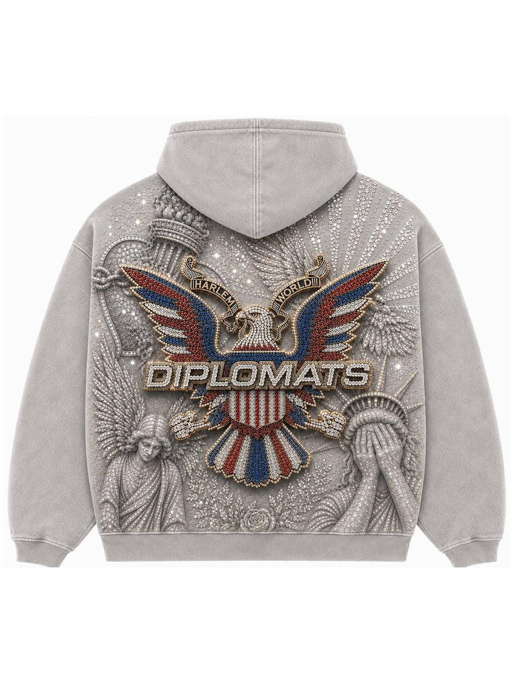 Washed grey Diplomats hoodie back with large iced-out Harlem World eagle crest and Diplomats wordmark over silver stonework artwork