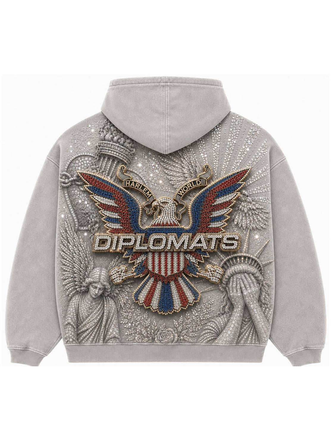 Washed grey Diplomats hoodie back with large iced-out Harlem World eagle crest and Diplomats wordmark over silver stonework artwork