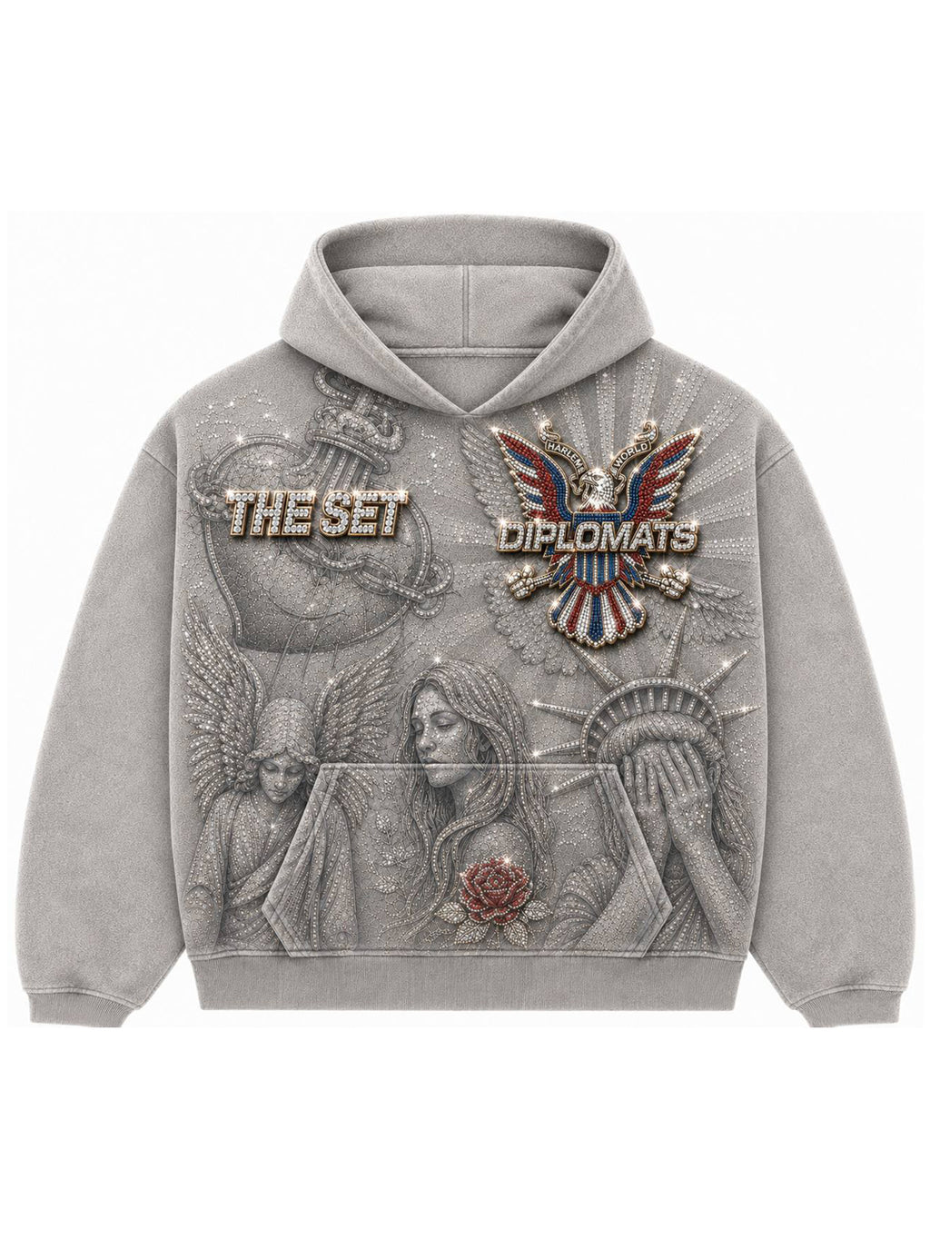 ashed grey Diplomats hoodie front with all-over pavé print of angels, Statue of Liberty, red rose and iced Harlem World eagle crest