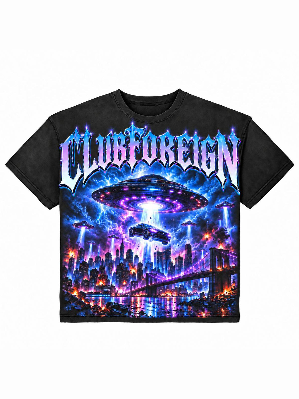 Washed black Club Foreign tee with jumbo UFO print — saucer beaming up a car over the NYC skyline and Brooklyn Bridge