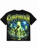 Black Club Foreign tee with jumbo print of grey aliens in a moonlit pine forest under green UFO beams