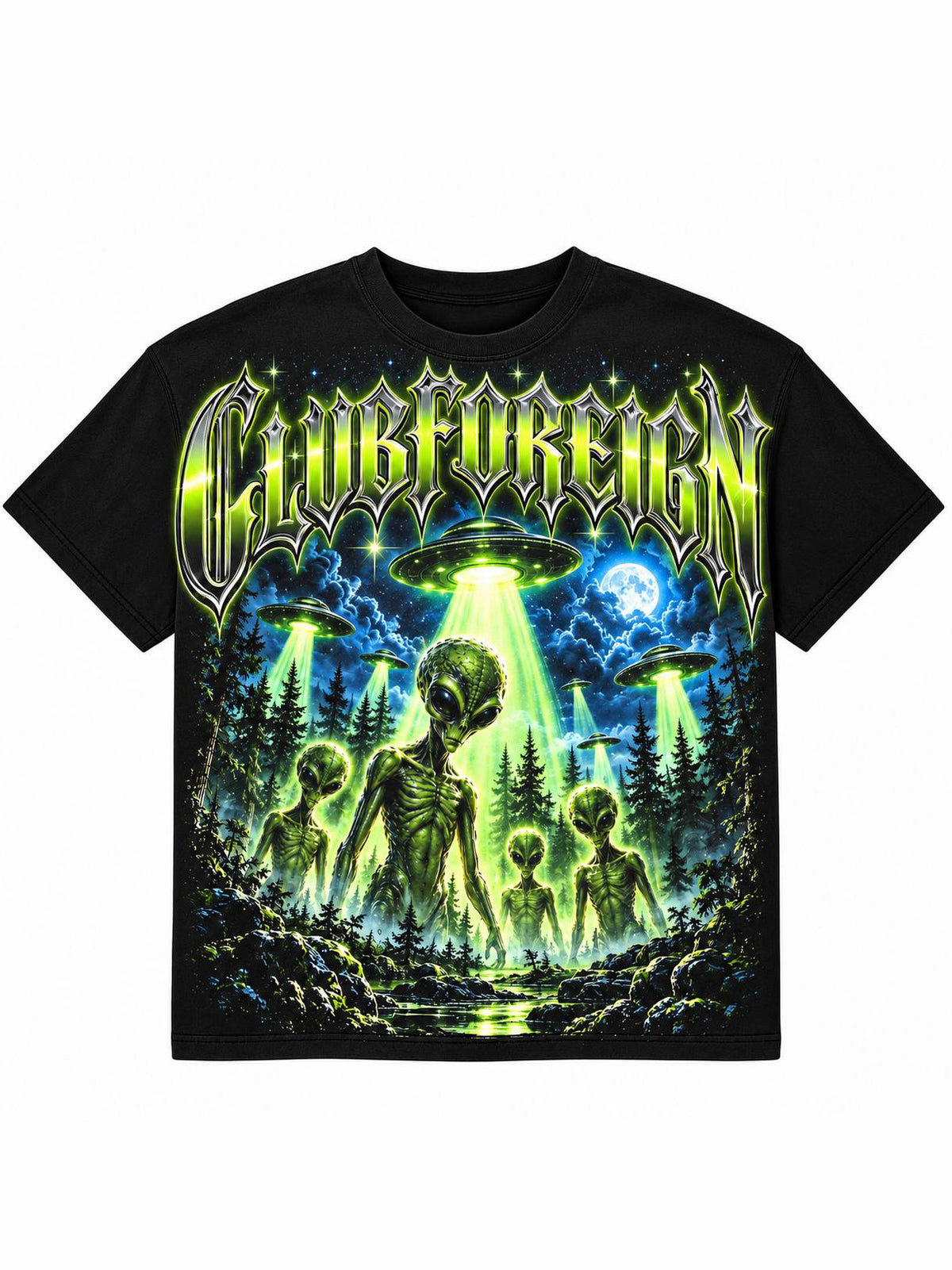 Black Club Foreign tee with jumbo print of grey aliens in a moonlit pine forest under green UFO beams