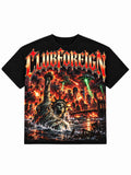 Black Club Foreign tee with jumbo print of a fallen Statue of Liberty and burning NYC skyline under green UFO beams