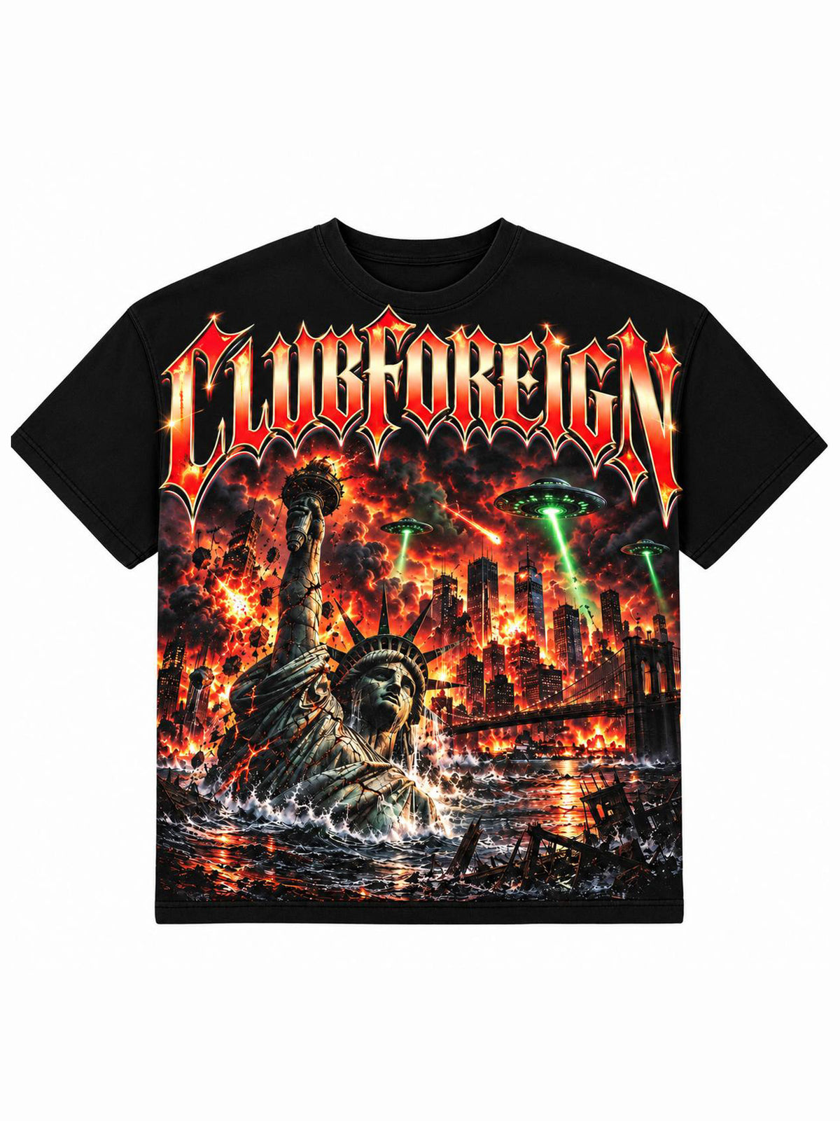 Black Club Foreign tee with jumbo print of a fallen Statue of Liberty and burning NYC skyline under green UFO beams