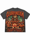 Washed grey Club Foreign tee with jumbo print of an alien carnival, skull gate arch reading Welcome To The Club, and UFO beams overhead