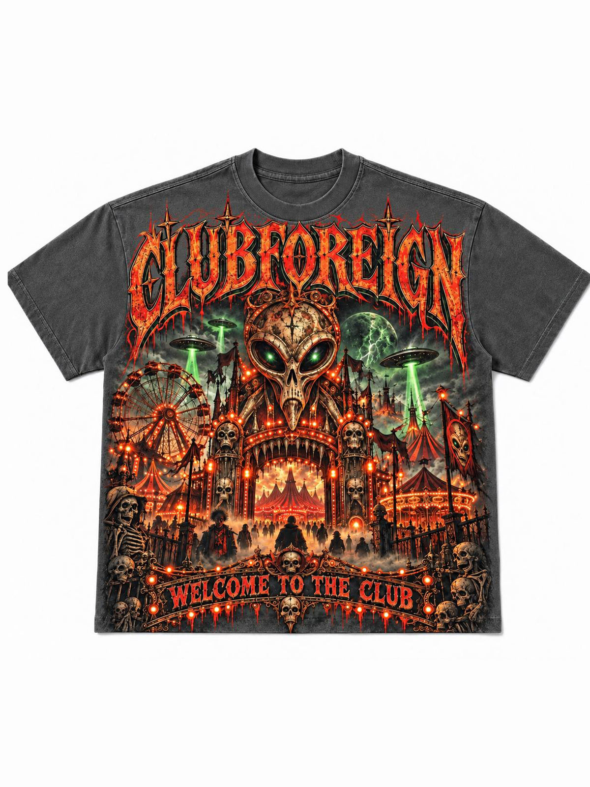 Washed grey Club Foreign tee with jumbo print of an alien carnival, skull gate arch reading Welcome To The Club, and UFO beams overhead