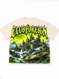 Cream Club Foreign tee with jumbo print of an overgrown alien city, crashed saucer in the jungle and two green moons