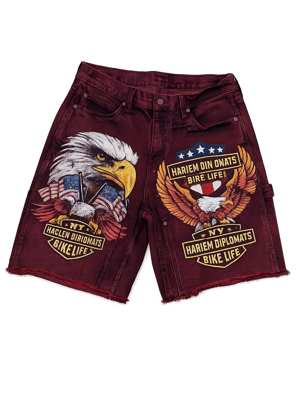 "Harlem Diplomats Bike Life" Denim Painter Shorts – Oxblood Red