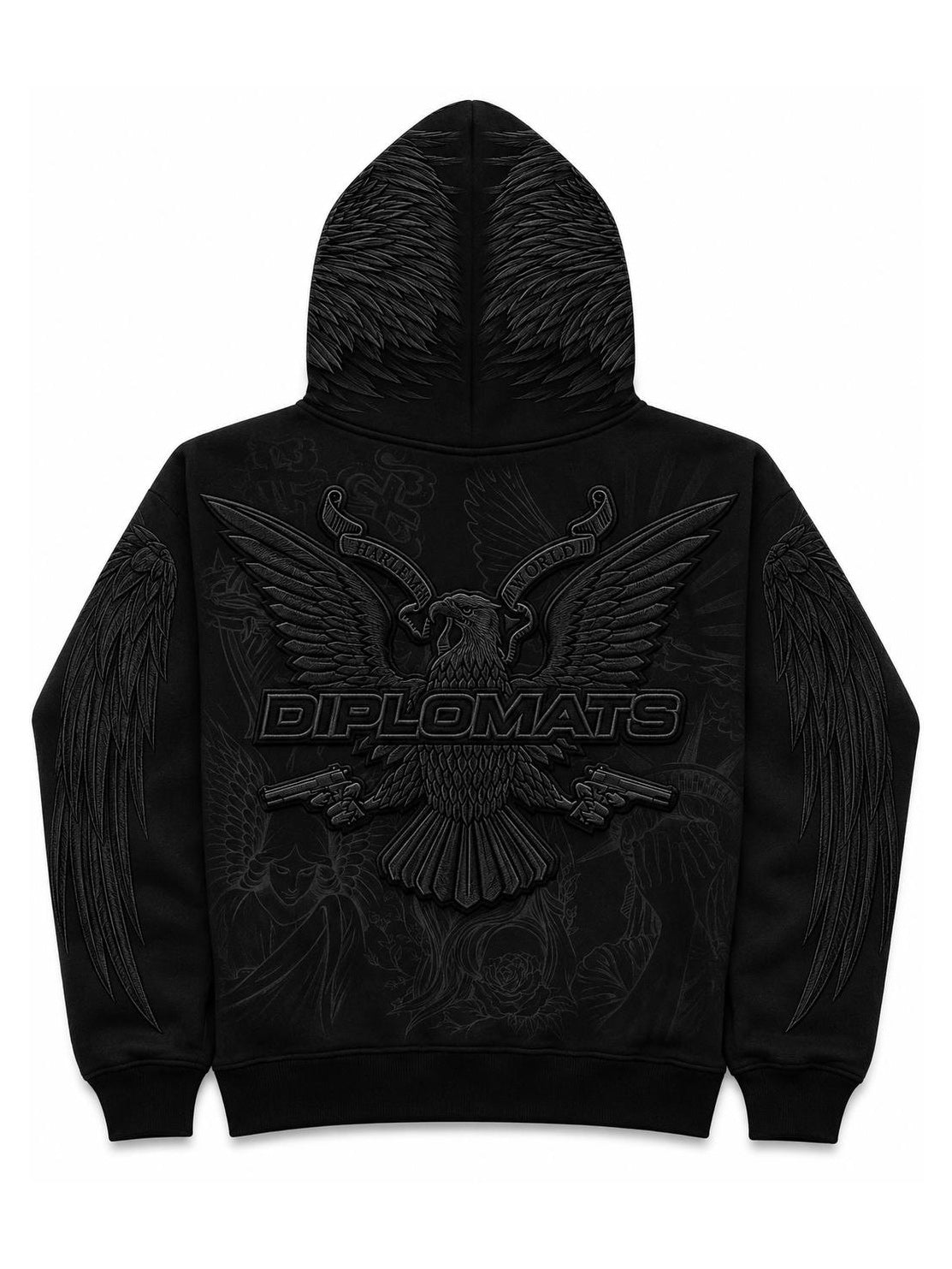 Black Diplomats zip hoodie back with large tonal embroidered eagle crest, Harlem World banners and Diplomats wordmark