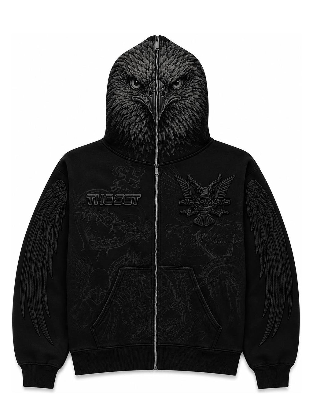 Black Diplomats full-zip hoodie with printed eagle face across the hood, embroidered Diplomats crest and The Set logos at chest, wing print on sleeves