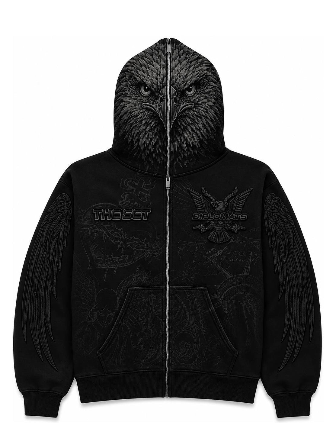 Black Diplomats full-zip hoodie with printed eagle face across the hood, embroidered Diplomats crest and The Set logos at chest, wing print on sleeves