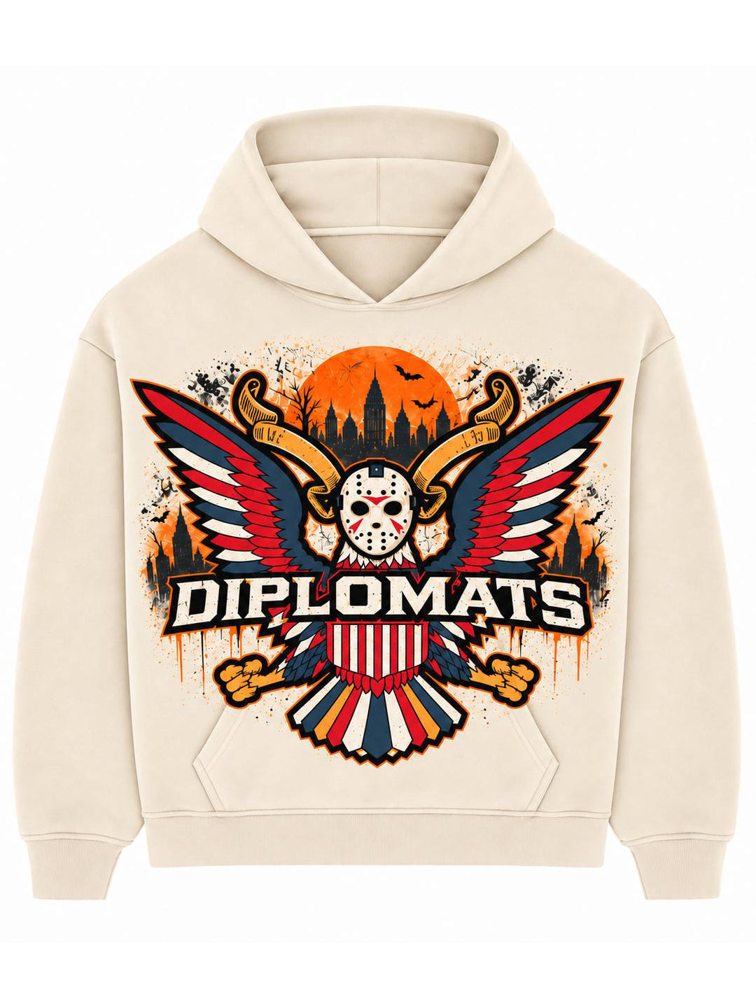 Bone Diplomats hoodie with Halloween jumbo print of masked eagle, orange harvest moon, bats and Harlem skyline