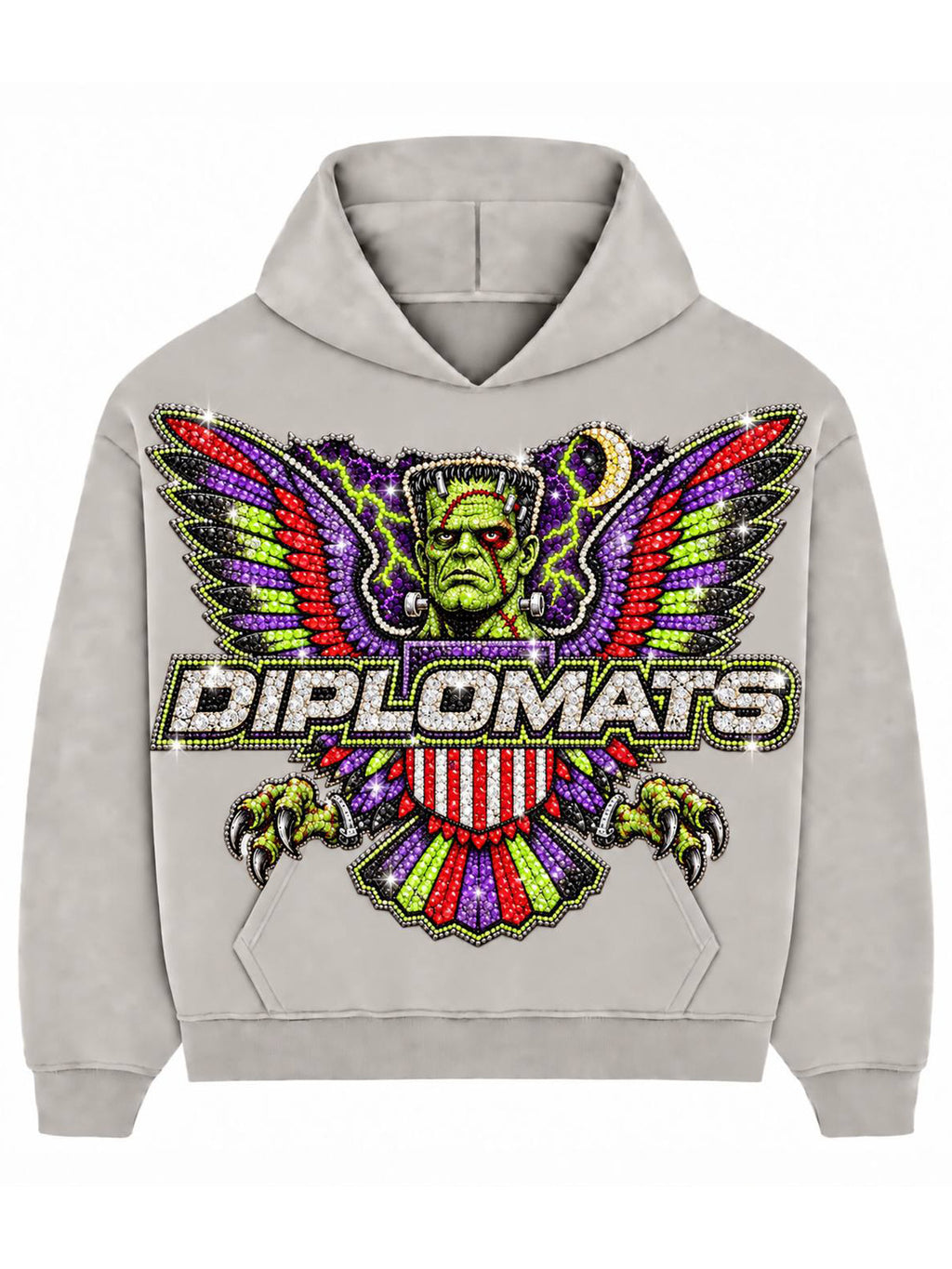 Washed grey Diplomats hoodie with iced rhinestone Halloween crest — green monster face, violet and red wings, Diplomats wordmark in white pavé