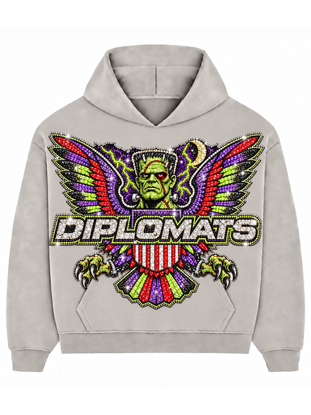 Washed grey Diplomats hoodie with iced rhinestone Halloween crest — green monster face, violet and red wings, Diplomats wordmark in white pavé