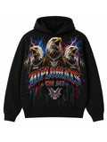Black Diplomats fleece hoodie with full-color jumbo print of three chained bald eagles, red and blue lightning, NYC skyline and gothic Diplomats wordmark