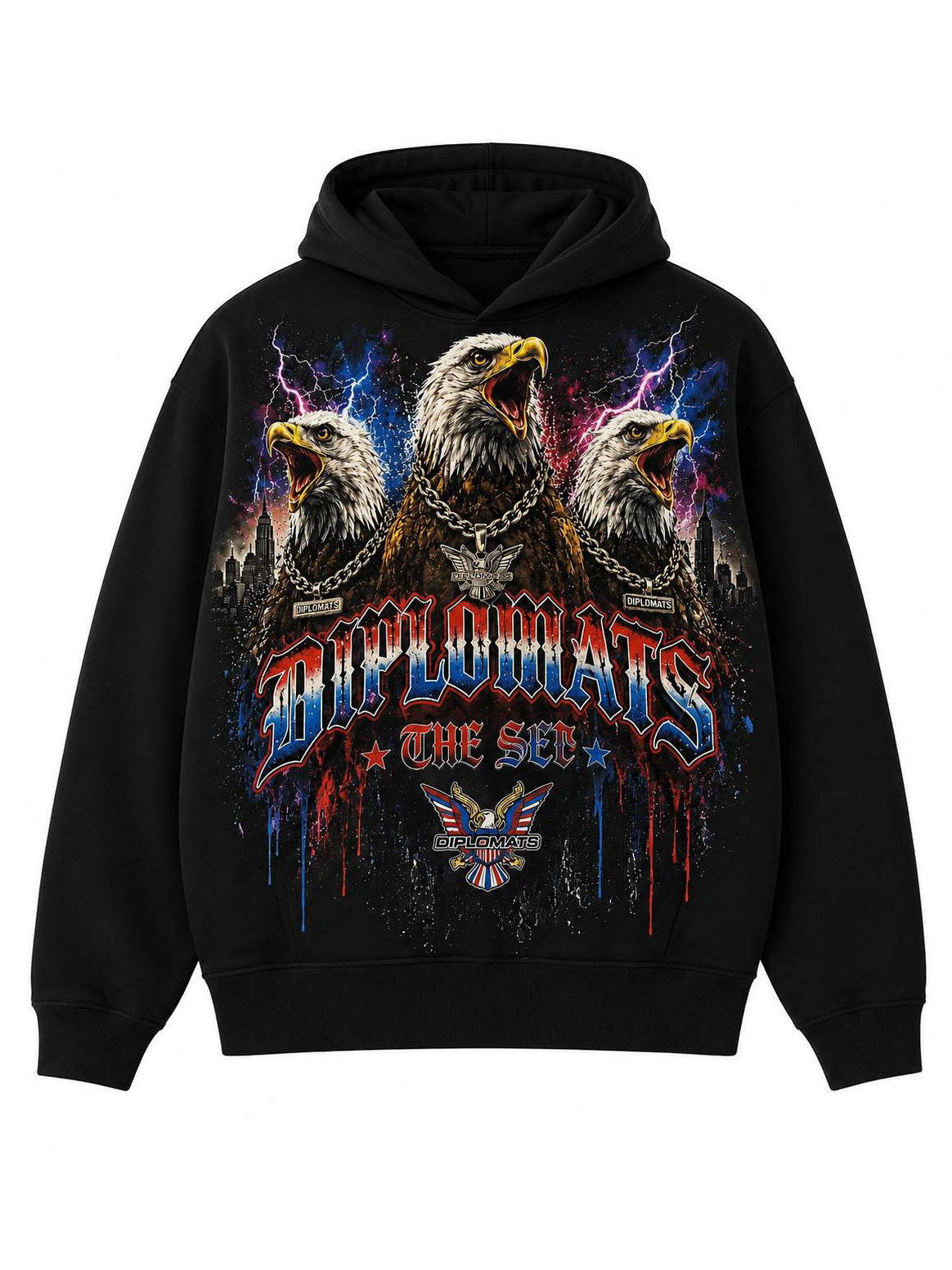 Black Diplomats fleece hoodie with full-color jumbo print of three chained bald eagles, red and blue lightning, NYC skyline and gothic Diplomats wordmark