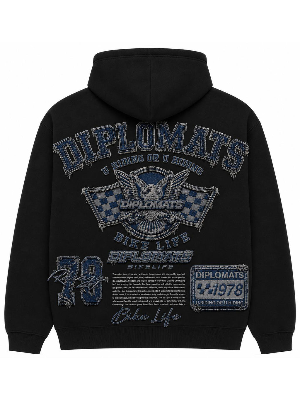 Black Diplomats Bike Life hoodie back with denim-effect jumbo print, varsity wordmark, winged eagle racing crest and checkered flags