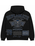 Black Diplomats Bike Life hoodie back with denim-effect jumbo print, varsity wordmark, winged eagle racing crest and checkered flags