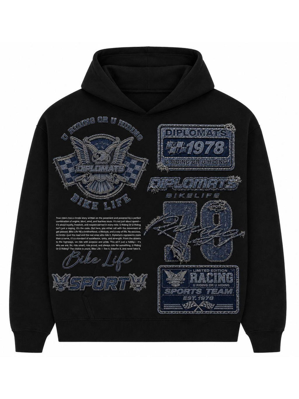 Black Diplomats Bike Life hoodie front with denim-effect patch layout, racing plates, number 78 and eagle crest