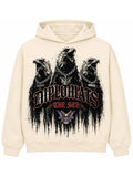Vintage cream Diplomats fleece hoodie with jumbo front print of three chained eagle heads, gothic Diplomats wordmark and black ink drip splatter