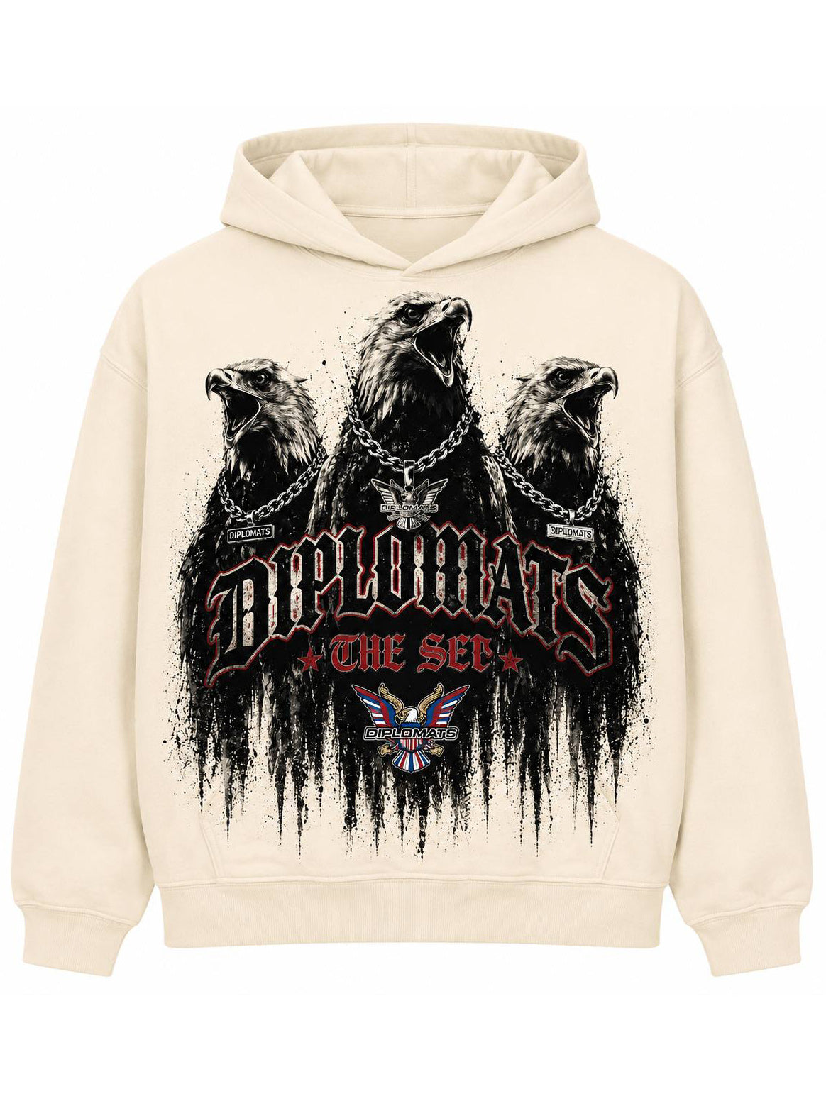 Vintage cream Diplomats fleece hoodie with jumbo front print of three chained eagle heads, gothic Diplomats wordmark and black ink drip splatter