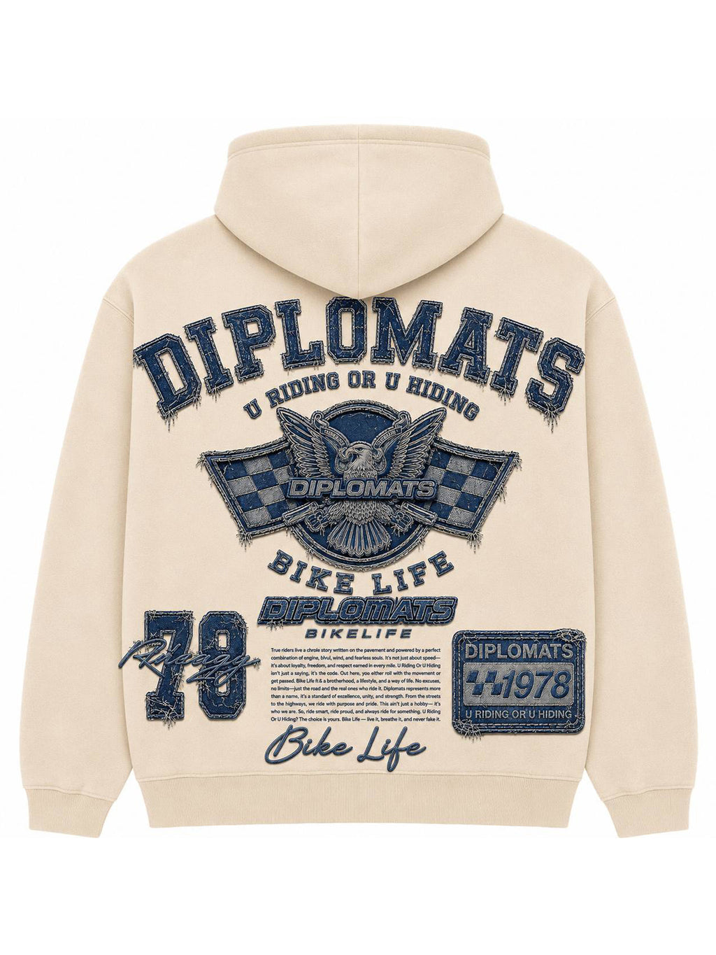 Cream Diplomats Bike Life hoodie back with denim-effect jumbo print, varsity wordmark, winged eagle racing crest and checkered flags