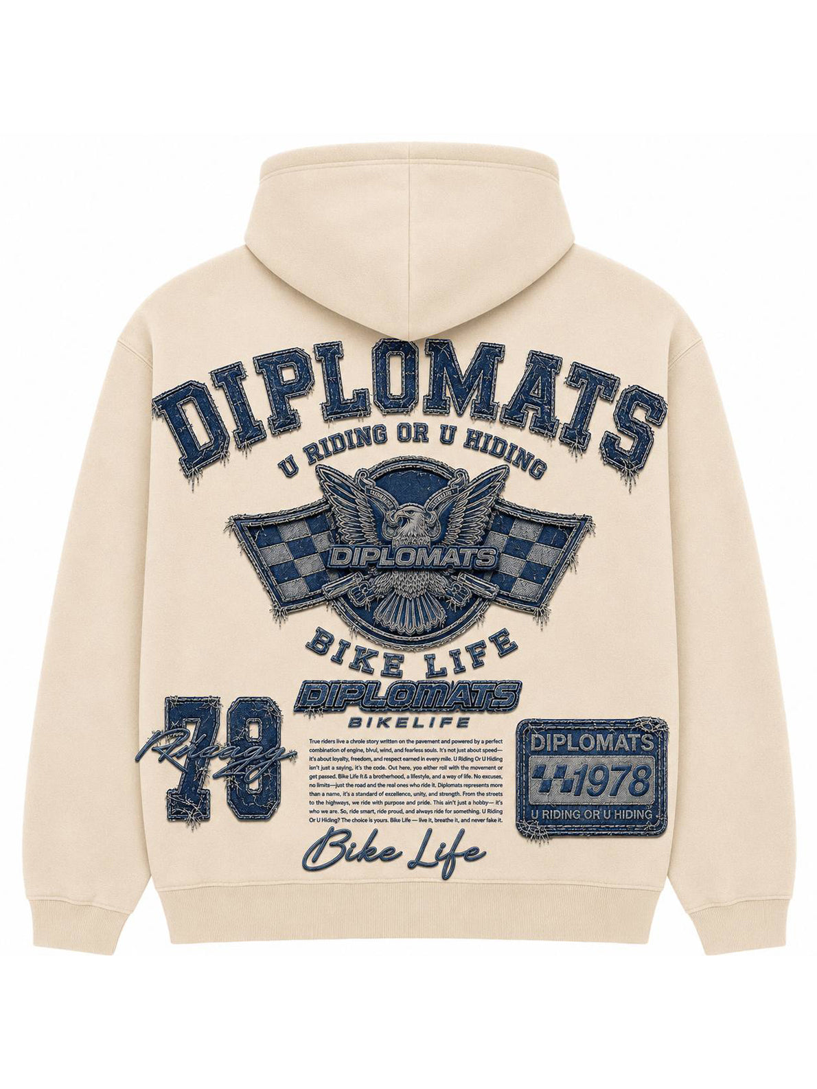 Cream Diplomats Bike Life hoodie back with denim-effect jumbo print, varsity wordmark, winged eagle racing crest and checkered flags