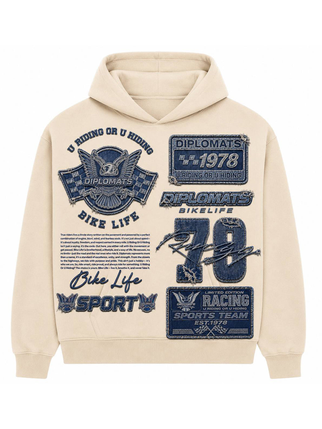 Cream Diplomats Bike Life hoodie front with denim-effect patch layout, racing plates, number 78 and eagle crest