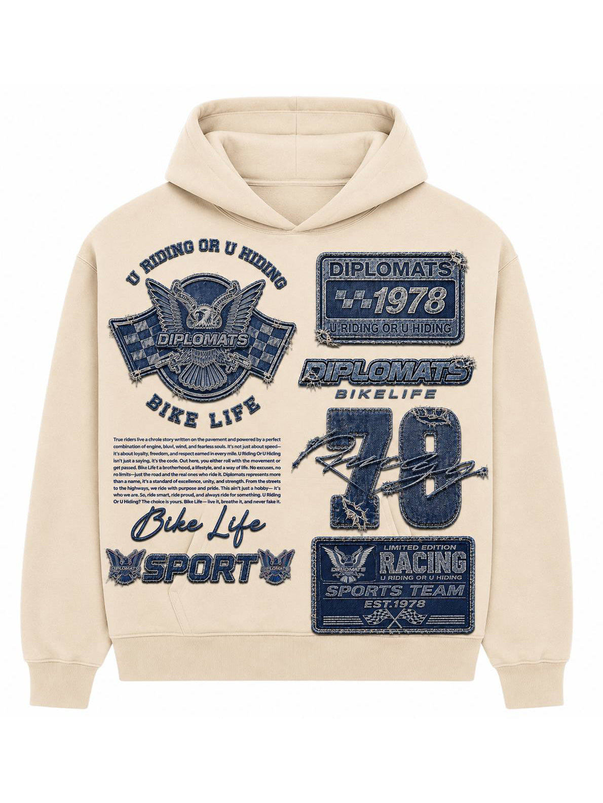 Cream Diplomats Bike Life hoodie front with denim-effect patch layout, racing plates, number 78 and eagle crest