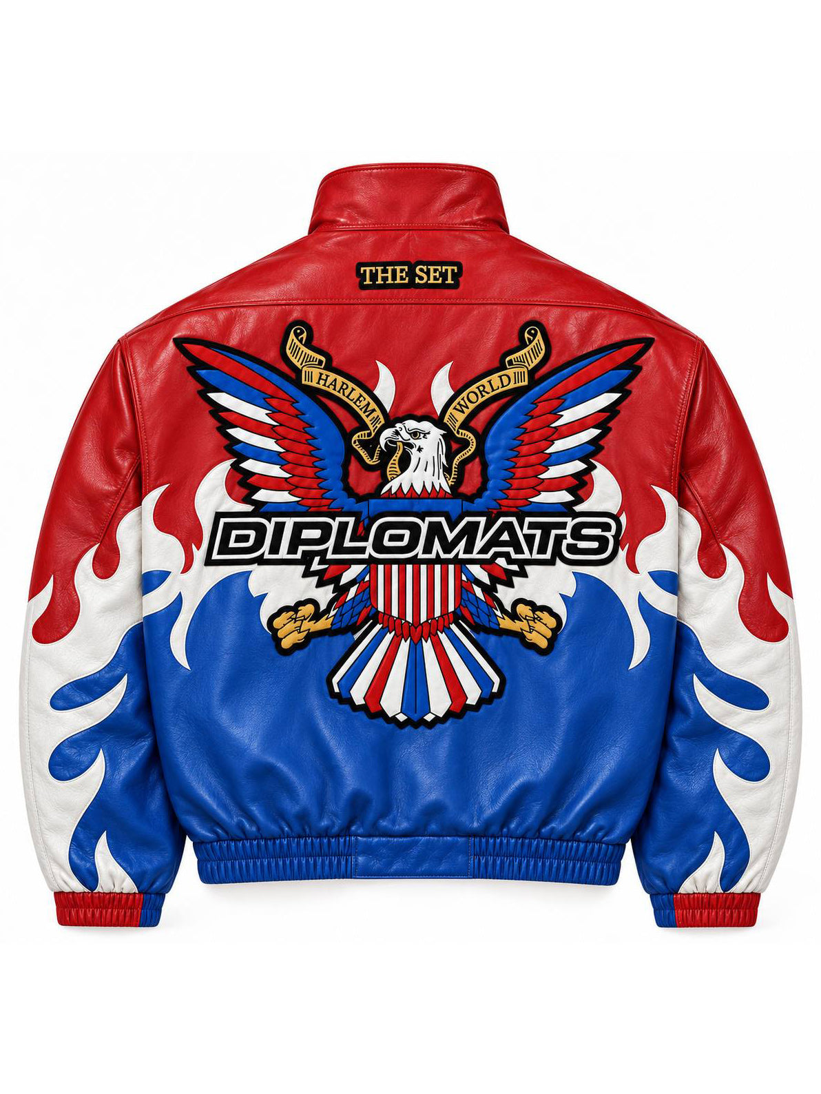 Diplomats leather jacket back with large appliqué Harlem World eagle crest, Diplomats wordmark and flame panels in red white and blue