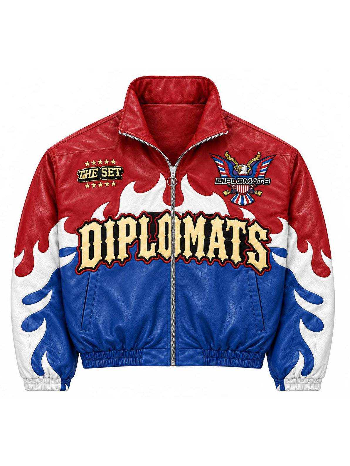 Red white and blue Diplomats leather jacket front with cut leather flame panels, gold Diplomats appliqué and Harlem World eagle crest