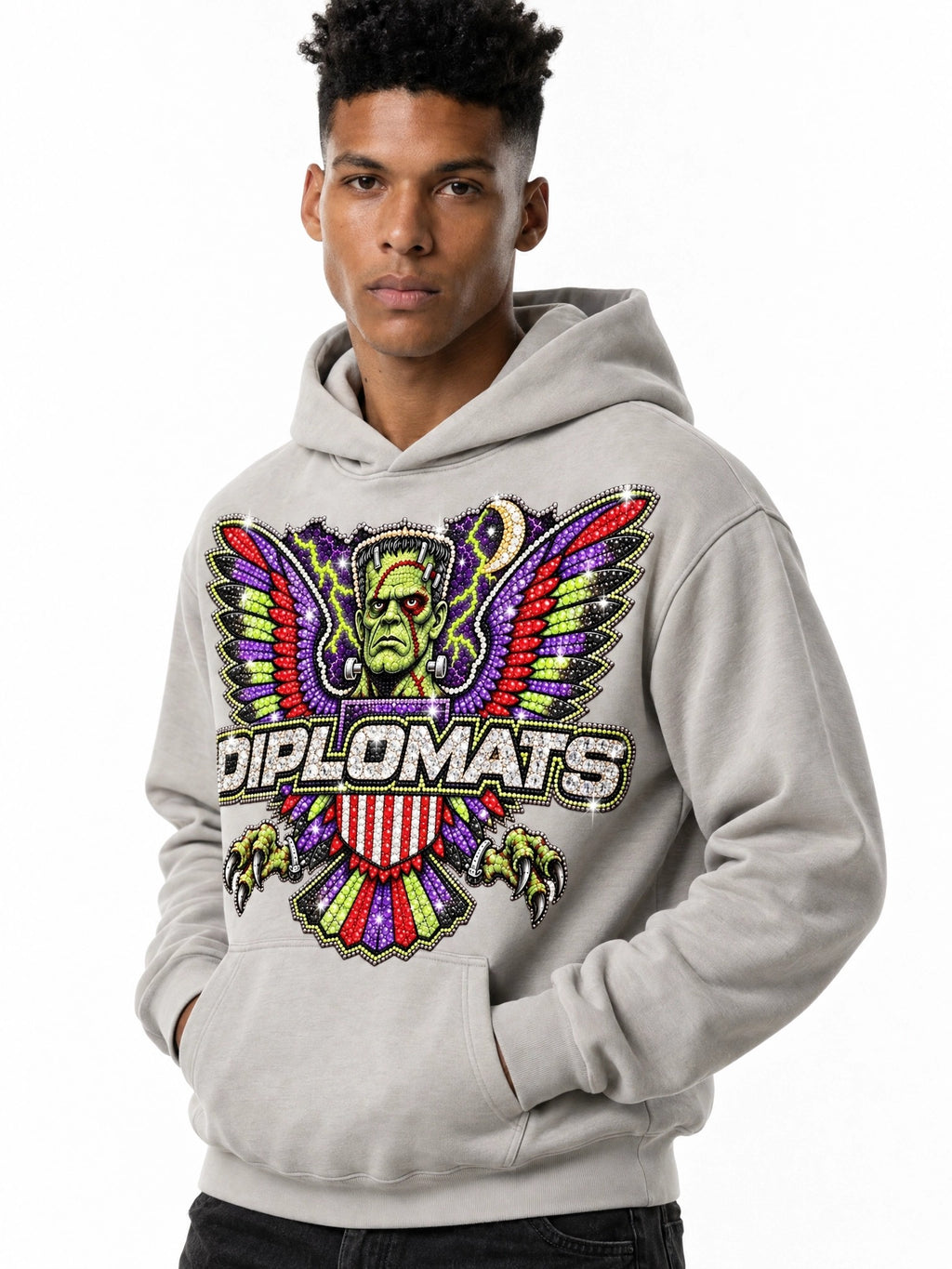 Diplomats "Monster Mash" Iced Eagle Hoodie – Washed Grey (Limited Edition)