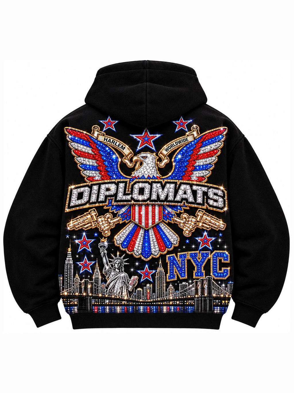 Black Diplomats zip hoodie back with large iced Harlem Worldwide eagle crest, Diplomats wordmark and NYC skyline with Brooklyn Bridge