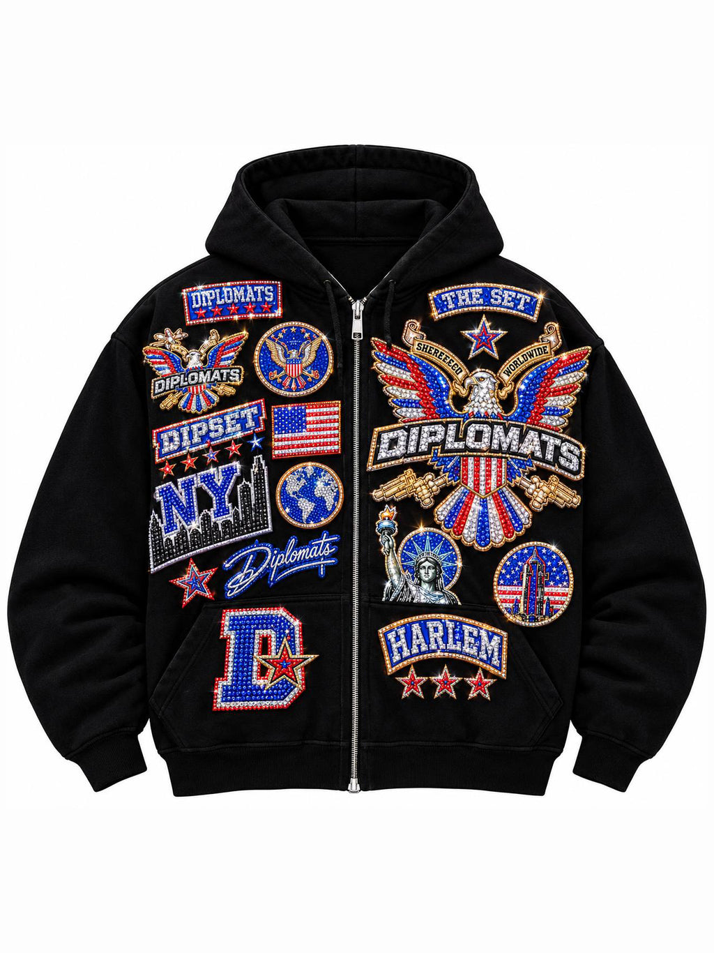 Black Diplomats zip-up hoodie with iced rhinestone patch print — Dipset, NY, Harlem and eagle crest graphics across both panels