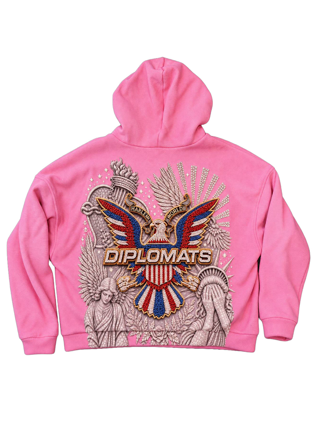 Hot pink Diplomats hoodie back with large iced-out Harlem World eagle crest and Diplomats wordmark over rose-toned artwork