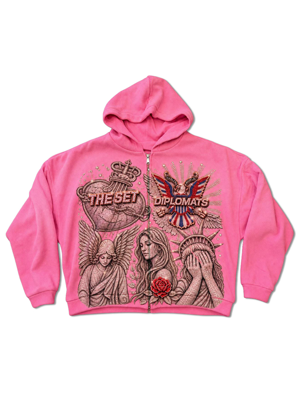 Hot pink Diplomats zip-up hoodie with all-over print of angels, Statue of Liberty, red rose and iced Harlem World eagle crest