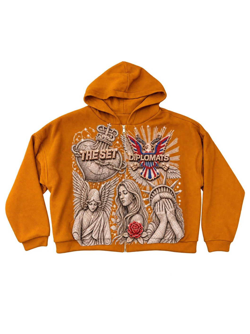 Timber orange Diplomats zip-up hoodie with all-over print of angels, Statue of Liberty, red rose and iced Harlem World eagle crest