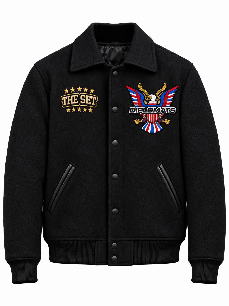 Black Diplomats wool varsity jacket with embroidered The Set plate and Harlem World eagle crest at the chest