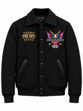 Black Diplomats wool varsity jacket with embroidered The Set plate and Harlem World eagle crest at the chest