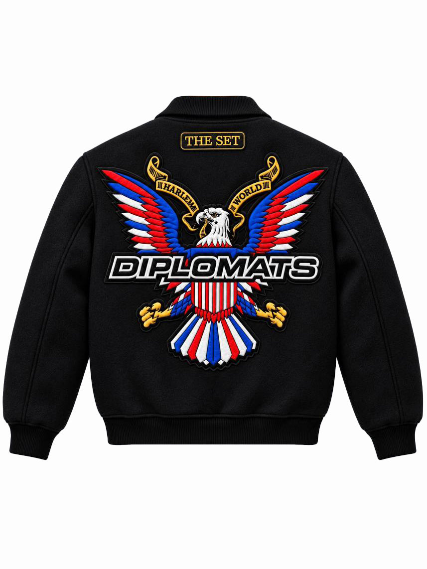 Black Diplomats wool varsity jacket back with large embroidered Harlem World eagle crest and Diplomats wordmark