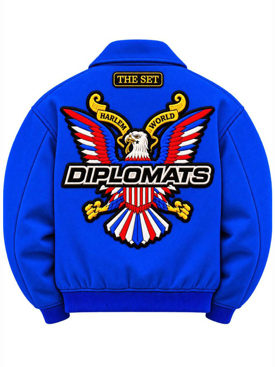 Royal blue Diplomats wool varsity jacket back with large embroidered Harlem World eagle crest and Diplomats wordmark