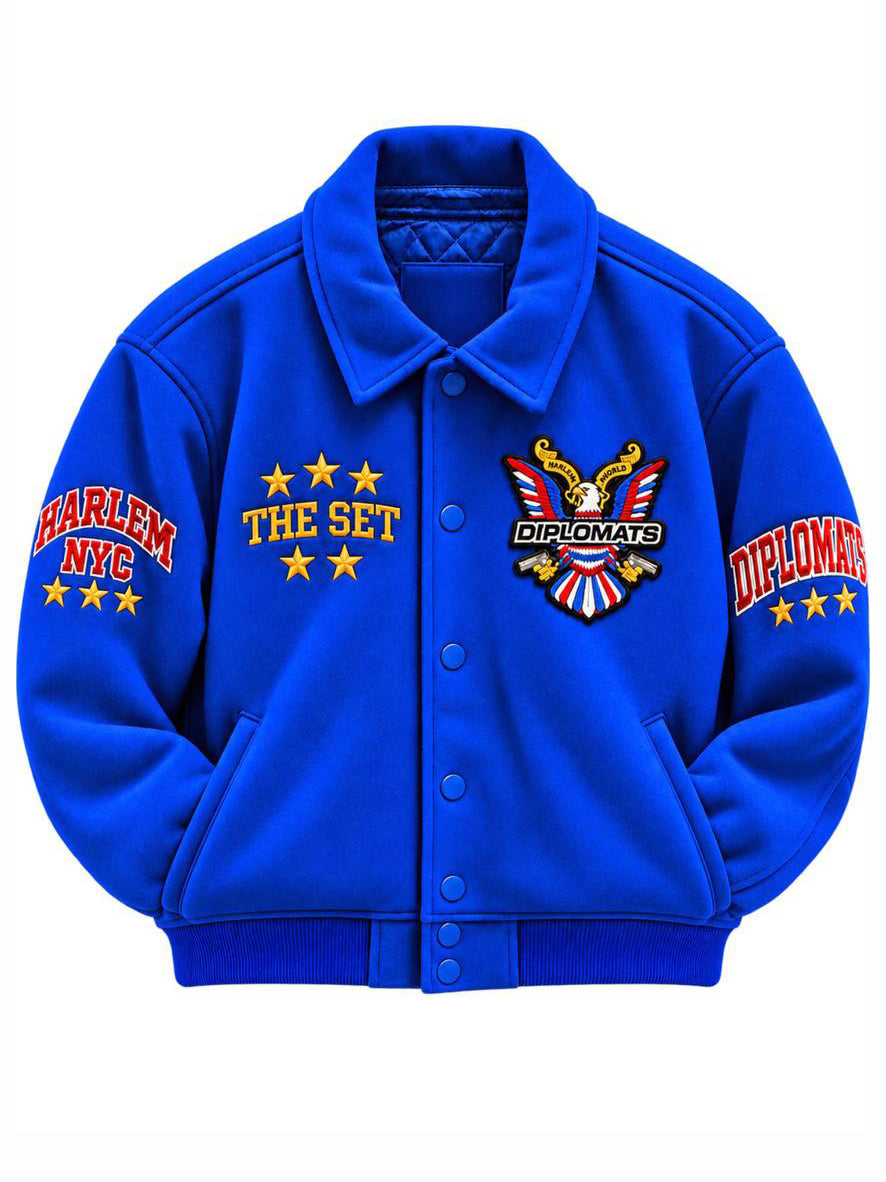 Royal blue Diplomats wool varsity jacket with embroidered The Set plate, eagle crest and Harlem NYC sleeve hits